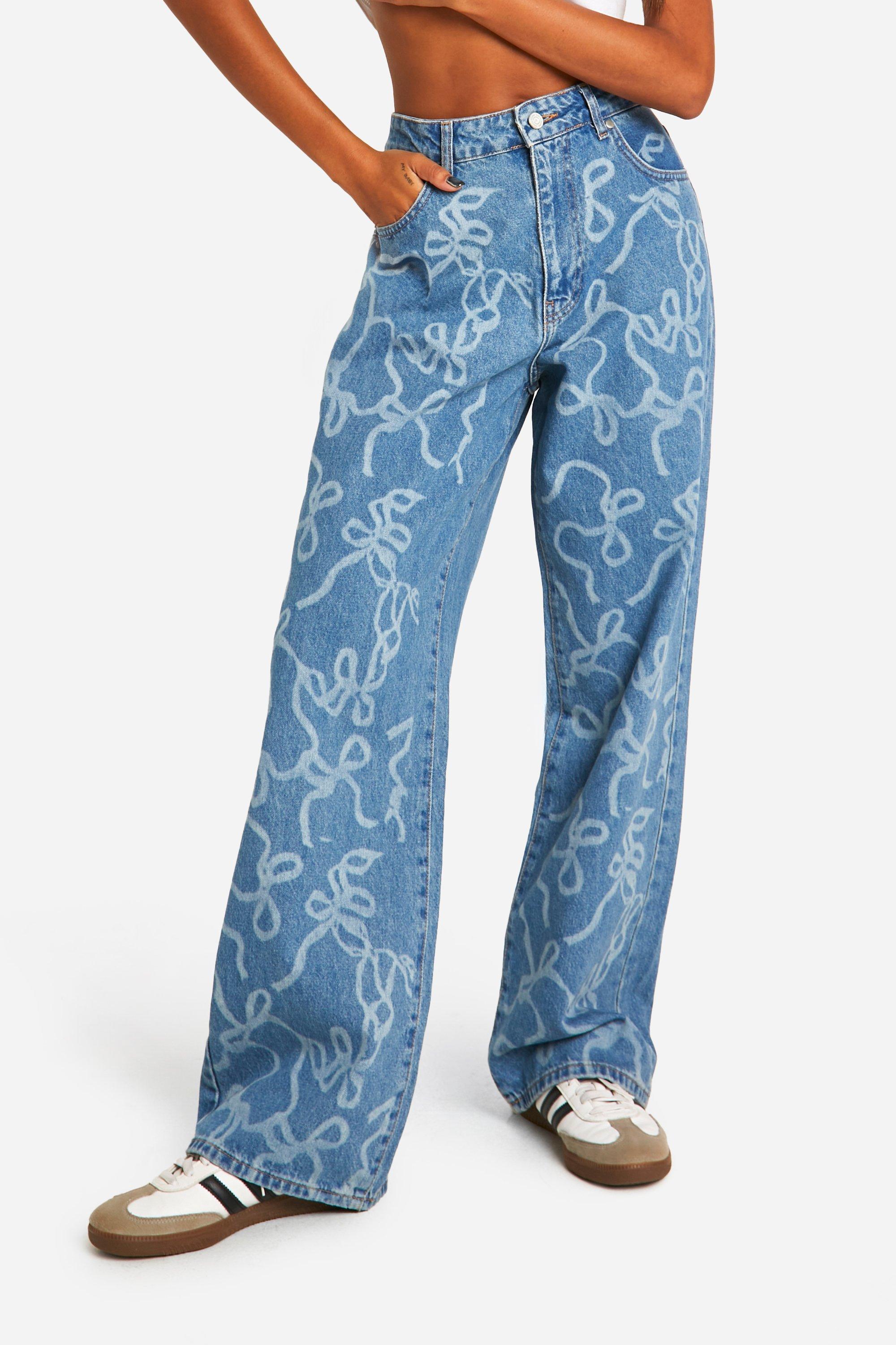Bow Laser Print Wide Leg Denim Jeans